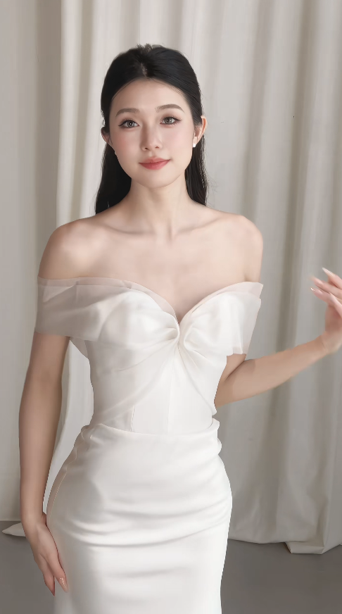 Bescheidenes schulterfreies Meerjungfrauen-Hochzeitskleid Satin Brautkleid Weißes Brautkleid ED09007