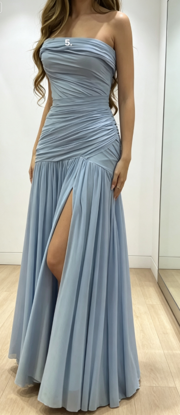 Elegantes Trägerloses Etui-Kleid aus Chiffon für Hochzeitsgäste, Blaues Abendkleid ED09010