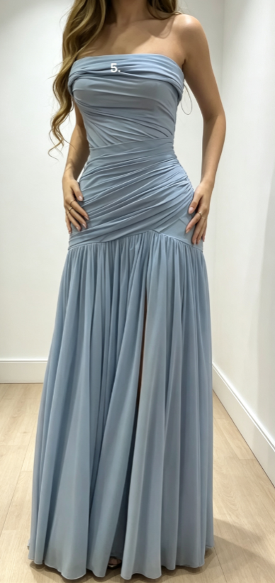 Elegantes Trägerloses Etui-Kleid aus Chiffon für Hochzeitsgäste, Blaues Abendkleid ED09010