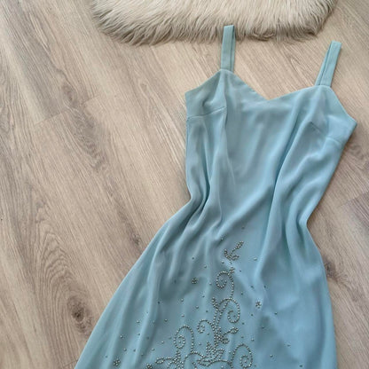 Vintage Blue Hoco Dress Chiffon Beaded Dress for Party Sheath Birthday Dress ED09011