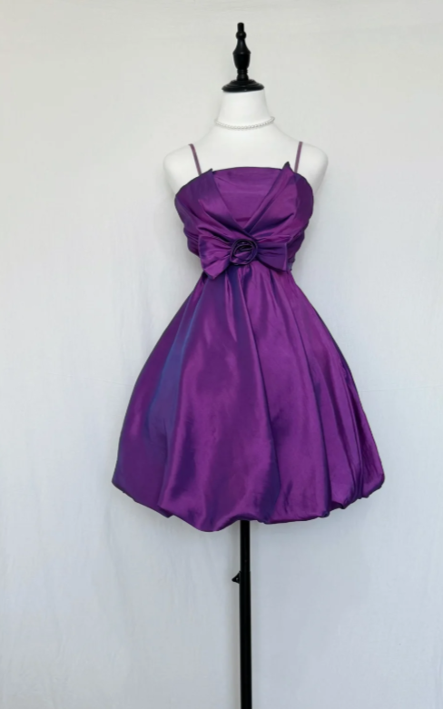 Robe de bal violette 2026 en satin pour fête, bretelles spaghetti, robe d'anniversaire coupe trapèze ED09014