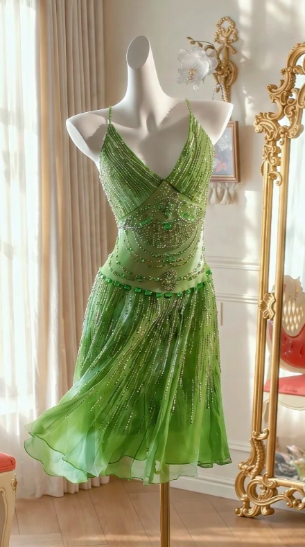 Robe de soirée verte en mousseline de soie perlée, col en V, coupe fourreau, ED09015