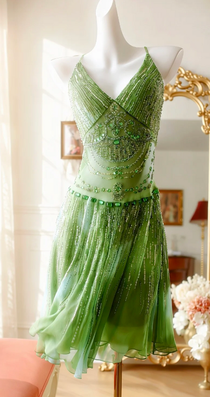 Robe de soirée verte en mousseline de soie perlée, col en V, coupe fourreau, ED09015