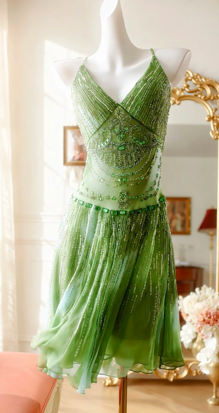 Robe de soirée verte en mousseline de soie perlée, col en V, coupe fourreau, ED09015