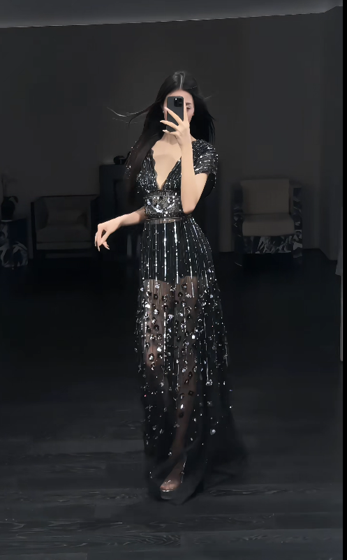 Chic Black Prom Dress V-neck Sheath Tulle Beaded Long Evening Dress ED09018