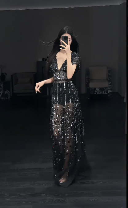 Chic Black Prom Dress V-neck Sheath Tulle Beaded Long Evening Dress ED09018