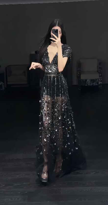 Chic Black Prom Dress V-neck Sheath Tulle Beaded Long Evening Dress ED09018