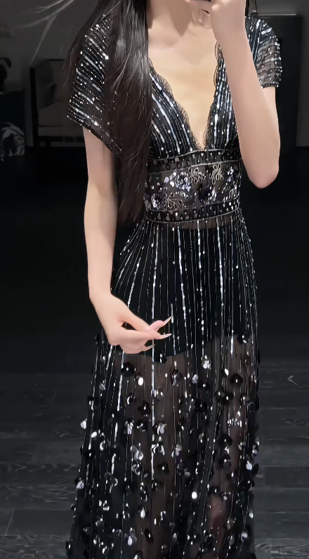 Chic Black Prom Dress V-neck Sheath Tulle Beaded Long Evening Dress ED09018