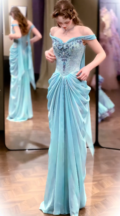 Chic Blue Prom Dress Off-shoulder Sheath Chiffon Beaded Long Evening Dress ED09019