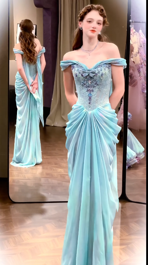 Robe de bal bleu chic fourreau en mousseline perlé épaule dénudée longue robe de soirée ED09019