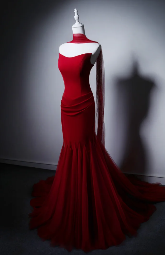 Chic Burgundy Prom Dress Strapless Mermaid Chiffon Long Evening Dress ED09021