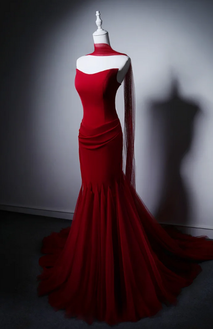 Chic Burgundy Prom Dress Strapless Mermaid Chiffon Long Evening Dress ED09021