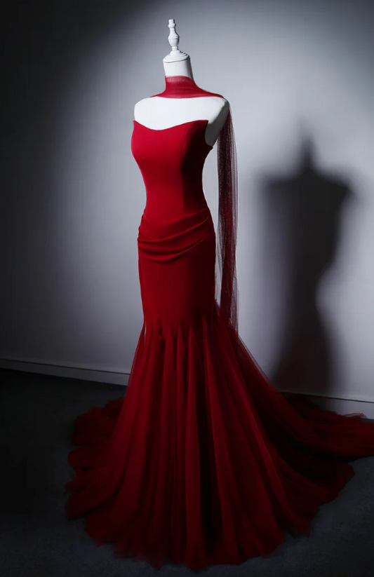 Robe de bal chic bordeaux bustier sirène en mousseline longue robe de soirée ED09021