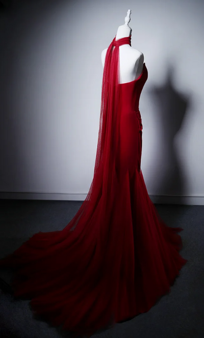 Chic Burgundy Prom Dress Strapless Mermaid Chiffon Long Evening Dress ED09021