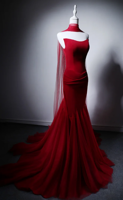 Chic Burgundy Prom Dress Strapless Mermaid Chiffon Long Evening Dress ED09021