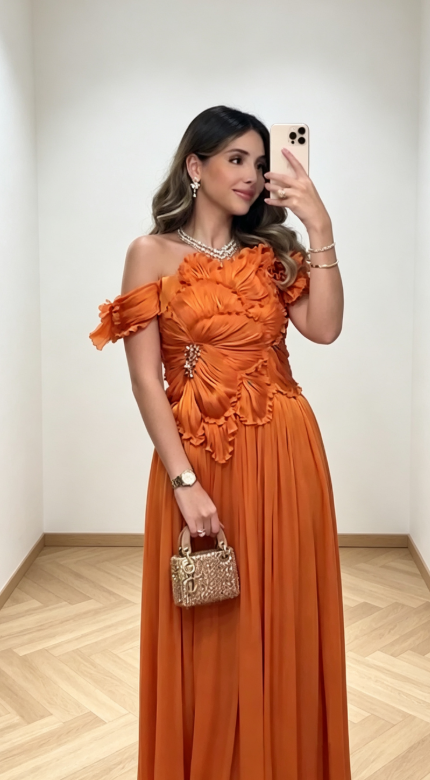 Robe de bal chic orange, fourreau épaules dénudées en mousseline, longue robe de soirée ED09022