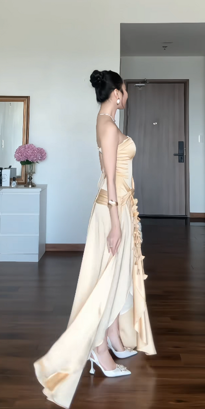 Chic Yellow Wedding Guest Dress Strapless Sheath Satin Long Evening Dress ED09024