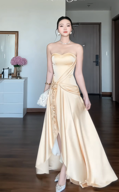 Chic Yellow Wedding Guest Dress Strapless Sheath Satin Long Evening Dress ED09024