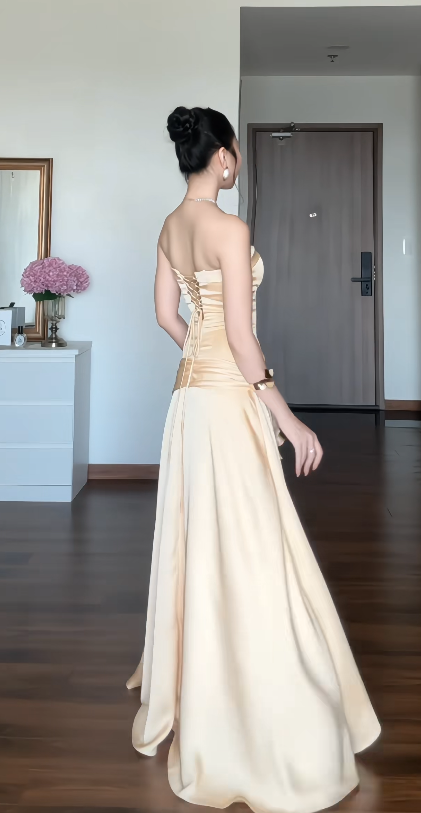 Chic Yellow Wedding Guest Dress Strapless Sheath Satin Long Evening Dress ED09024
