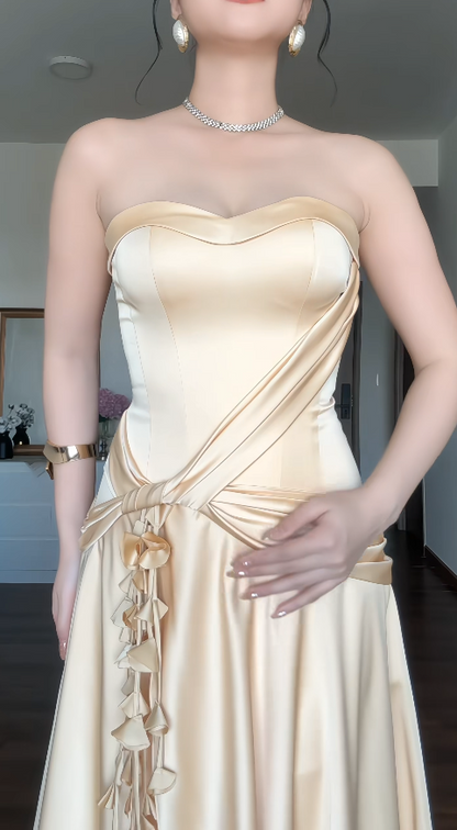 Chic Yellow Wedding Guest Dress Strapless Sheath Satin Long Evening Dress ED09024