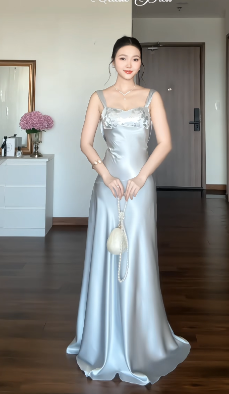 Robe Chic de Soirée Bleue pour Invitée de Mariage, Bretelles Fourreau en Satin ED09025