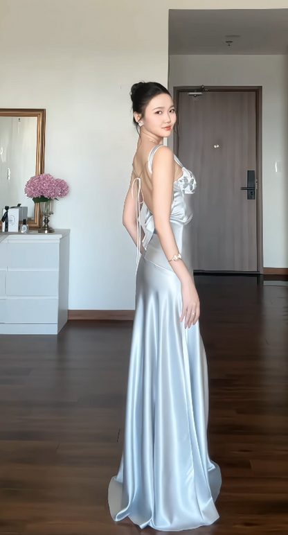 Robe Chic de Soirée Bleue pour Invitée de Mariage, Bretelles Fourreau en Satin ED09025
