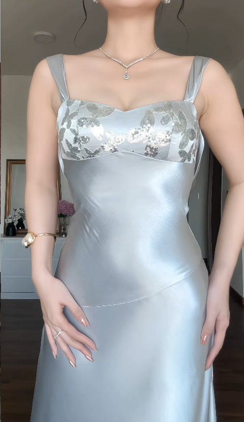 Robe Chic de Soirée Bleue pour Invitée de Mariage, Bretelles Fourreau en Satin ED09025