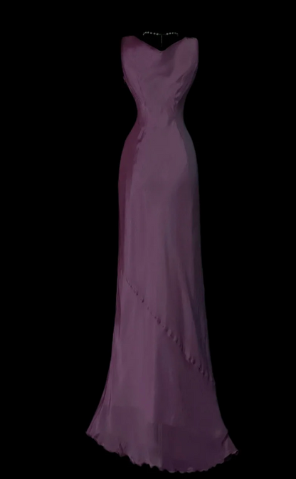 Elegant Grape Long Evening Dress V-neck Sheath Formal Dress Satin Dress for Party ED09025