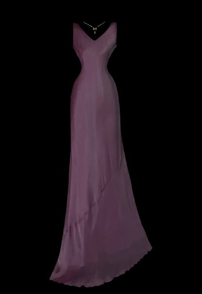 Elegant Grape Long Evening Dress V-neck Sheath Formal Dress Satin Dress for Party ED09025