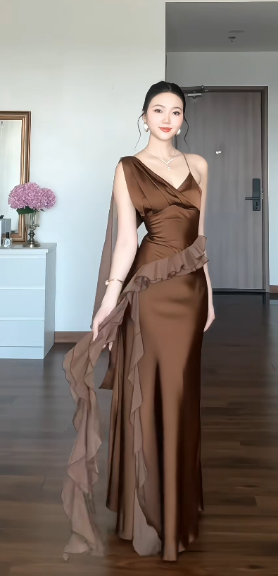Elegant Brown Long Evening Dress Spaghetti Straps Sheath Formal Dress Satin Dress for Party ED09026