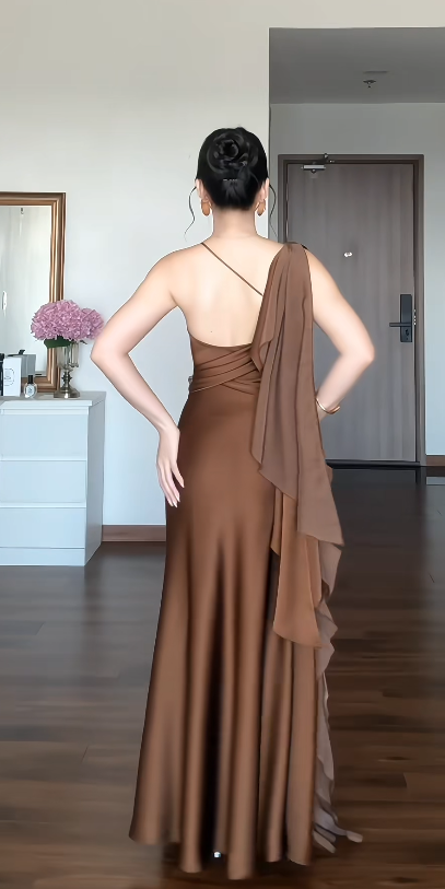 Elegant Brown Long Evening Dress Spaghetti Straps Sheath Formal Dress Satin Dress for Party ED09026
