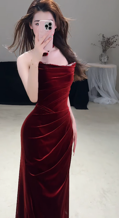 Elegant Burgundy Long Evening Dress Strapless Sheath Formal Dress Velvet Dress for Party ED09027