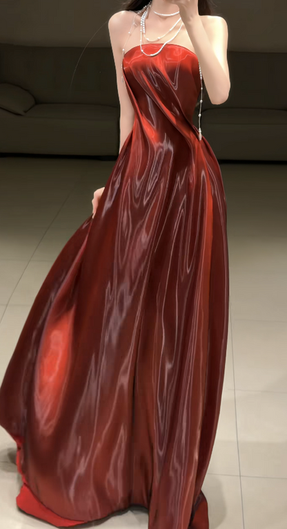 Elegant Burgundy Long Evening Dress Strapless A-Line Formal Dress Satin Dress for Graduation ED09028