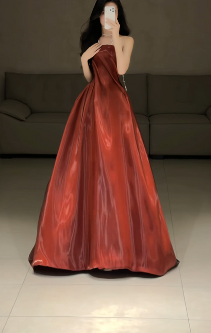 Elegant Burgundy Long Evening Dress Strapless A-Line Formal Dress Satin Dress for Graduation ED09028