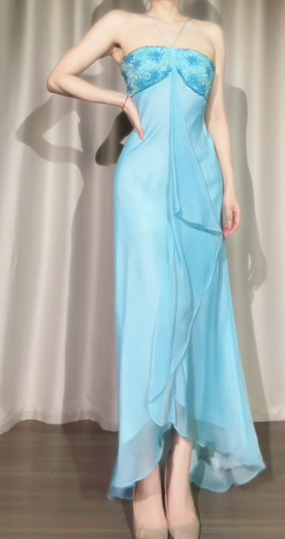Vintage Blue Long Evening Dress Halter Sheath Formal Dress Beaded Chiffon Dress for Graduation ED09029
