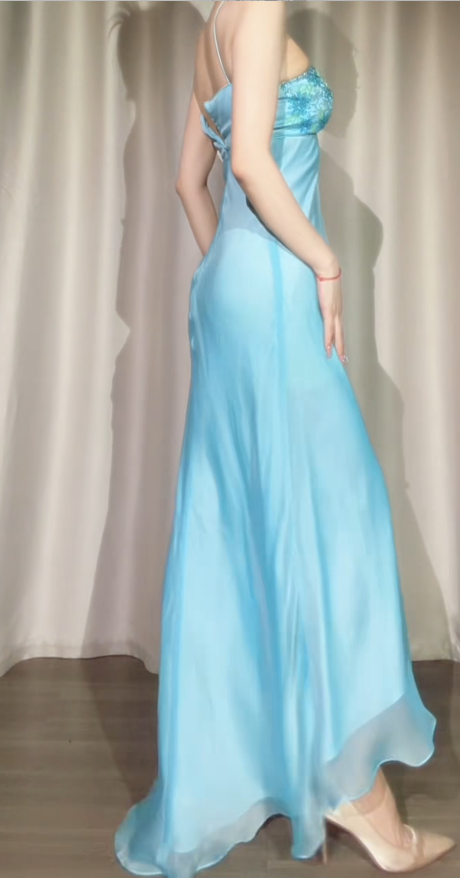 Vintage Blue Long Evening Dress Halter Sheath Formal Dress Beaded Chiffon Dress for Graduation ED09029