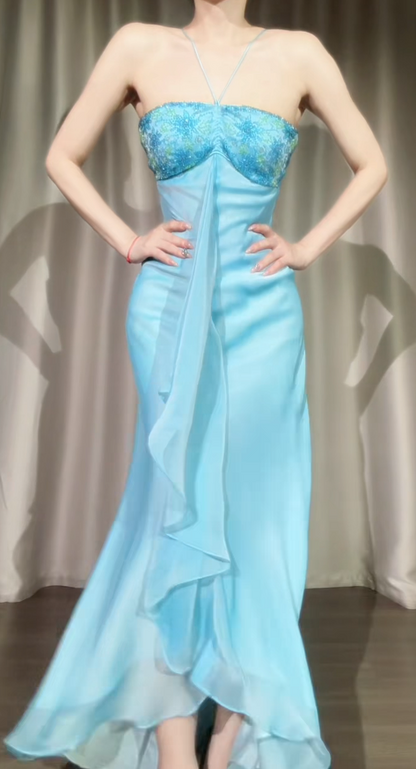 Vintage Blue Long Evening Dress Halter Sheath Formal Dress Beaded Chiffon Dress for Graduation ED09029