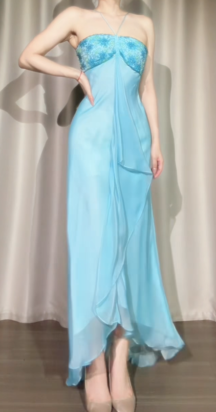 Vintage Blue Long Evening Dress Halter Sheath Formal Dress Beaded Chiffon Dress for Graduation ED09029