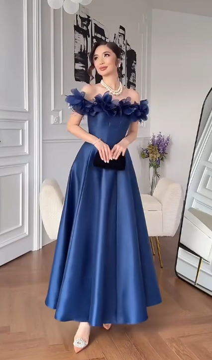 Chic Navy Blue Long Evening Dress Off-shoulder A-Line Formal Dress Satin Dress for Graduation ED09031