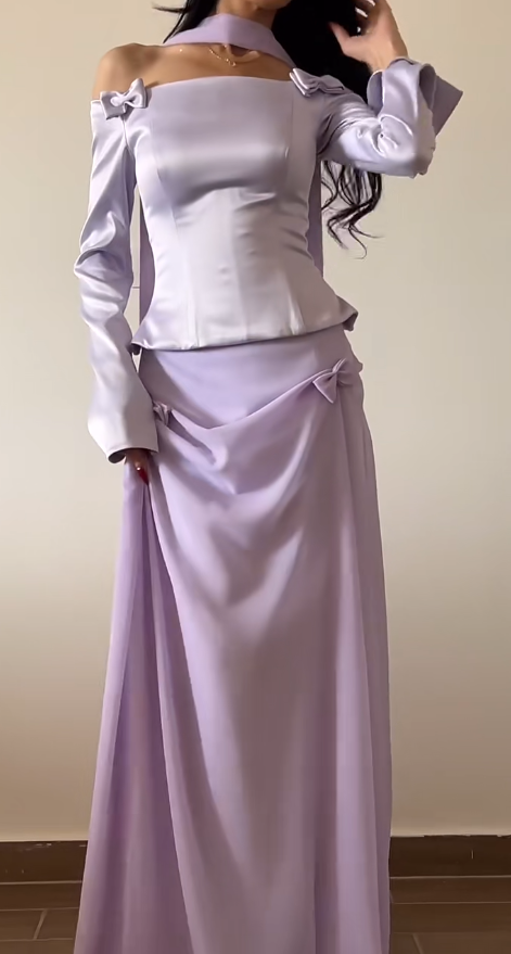 Chic Light Purple Long Evening Dress Off-shoulder Sheath Formal Dress Satin Dress for Graduation ED09033