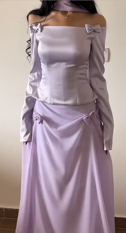 Chic Light Purple Long Evening Dress Off-shoulder Sheath Formal Dress Satin Dress for Graduation ED09033