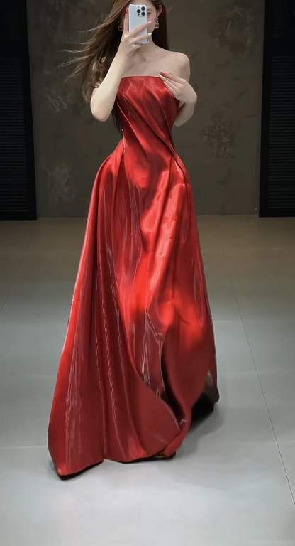 Chic Red Long Evening Dress Strapless A-Line Formal Dress Satin Dress for Graduation ED09035