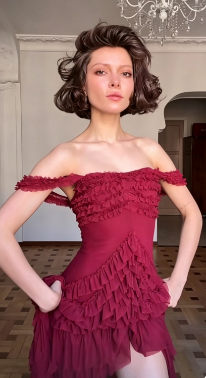 Chic Red Long Evening Dress Off-shoulder Sheath Formal Dress Chiffon Dress for Graduation ED09036