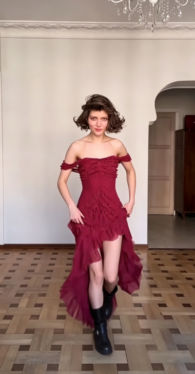 Chic Red Long Evening Dress Off-shoulder Sheath Formal Dress Chiffon Dress for Graduation ED09036