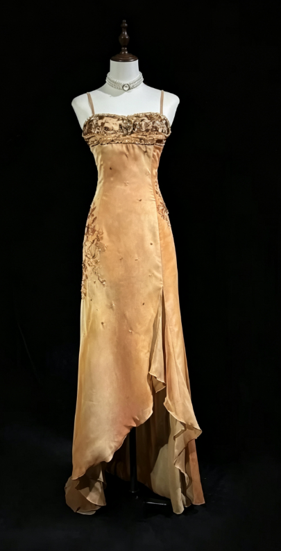 Chic Gold Long Evening Dress Spaghetti Straps Sheath Formal Dress Satin Dress for Graduation ED09037