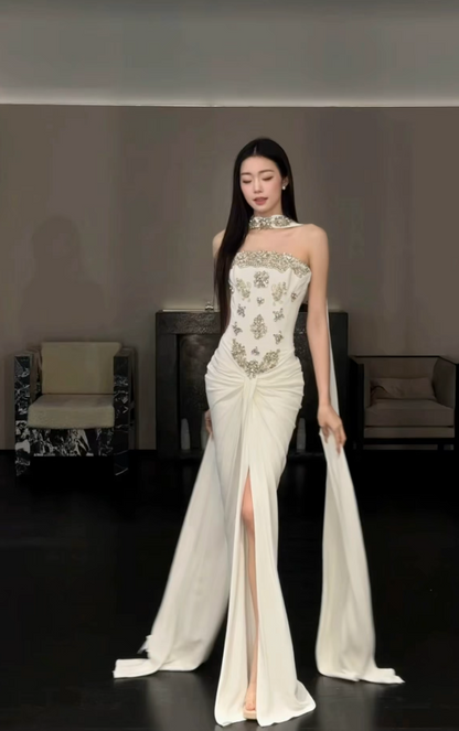 Timeless Strapless White Wedding Dress Chiffon Beaded Bridal Dress Sheath Bridal Gown ED09038