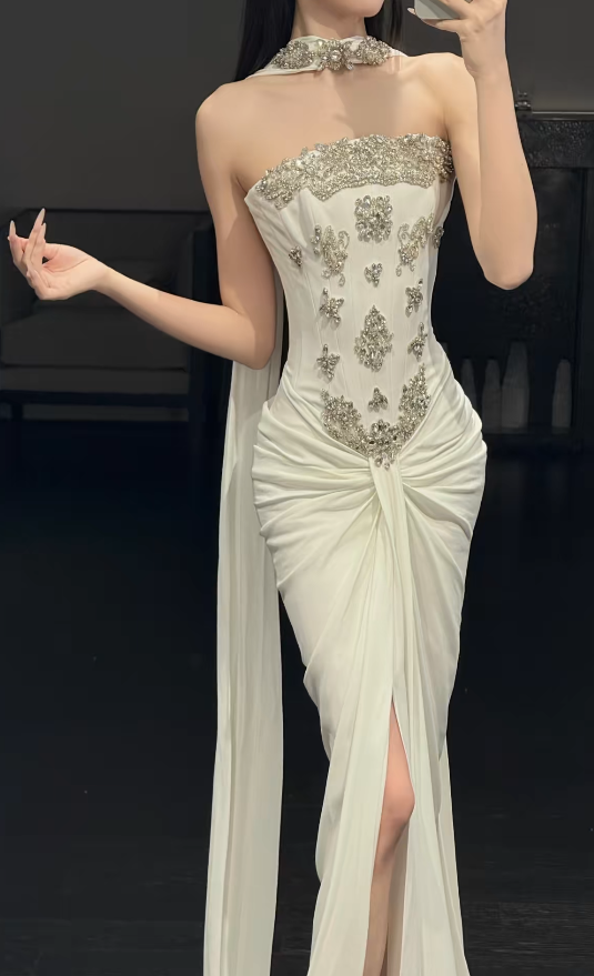 Timeless Strapless White Wedding Dress Chiffon Beaded Bridal Dress Sheath Bridal Gown ED09038