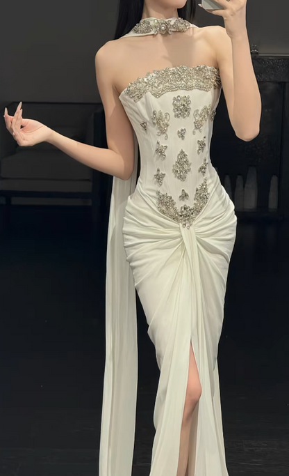 Timeless Strapless White Wedding Dress Chiffon Beaded Bridal Dress Sheath Bridal Gown ED09038