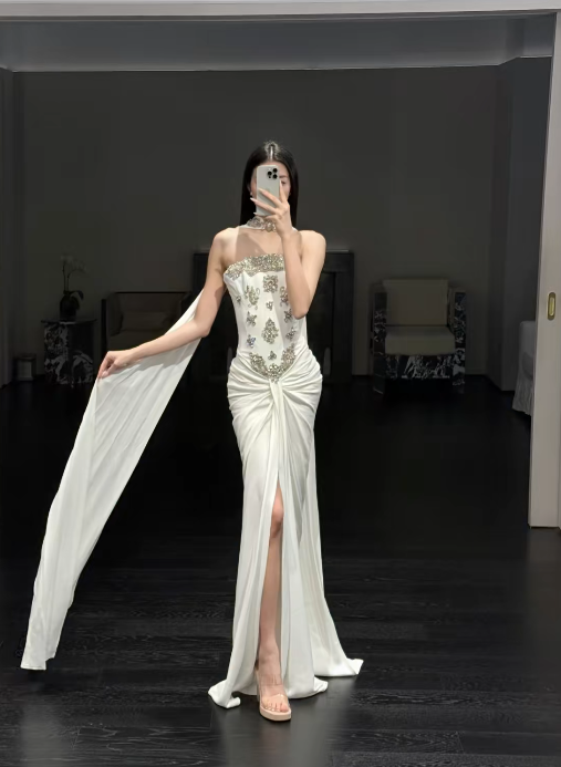Timeless Strapless White Wedding Dress Chiffon Beaded Bridal Dress Sheath Bridal Gown ED09038