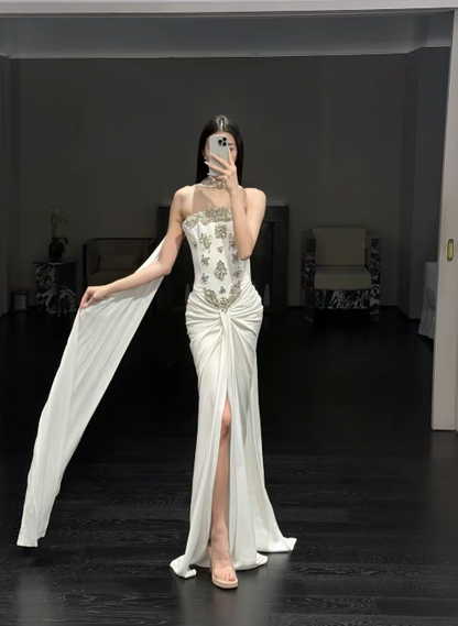 Timeless Strapless White Wedding Dress Chiffon Beaded Bridal Dress Sheath Bridal Gown ED09038